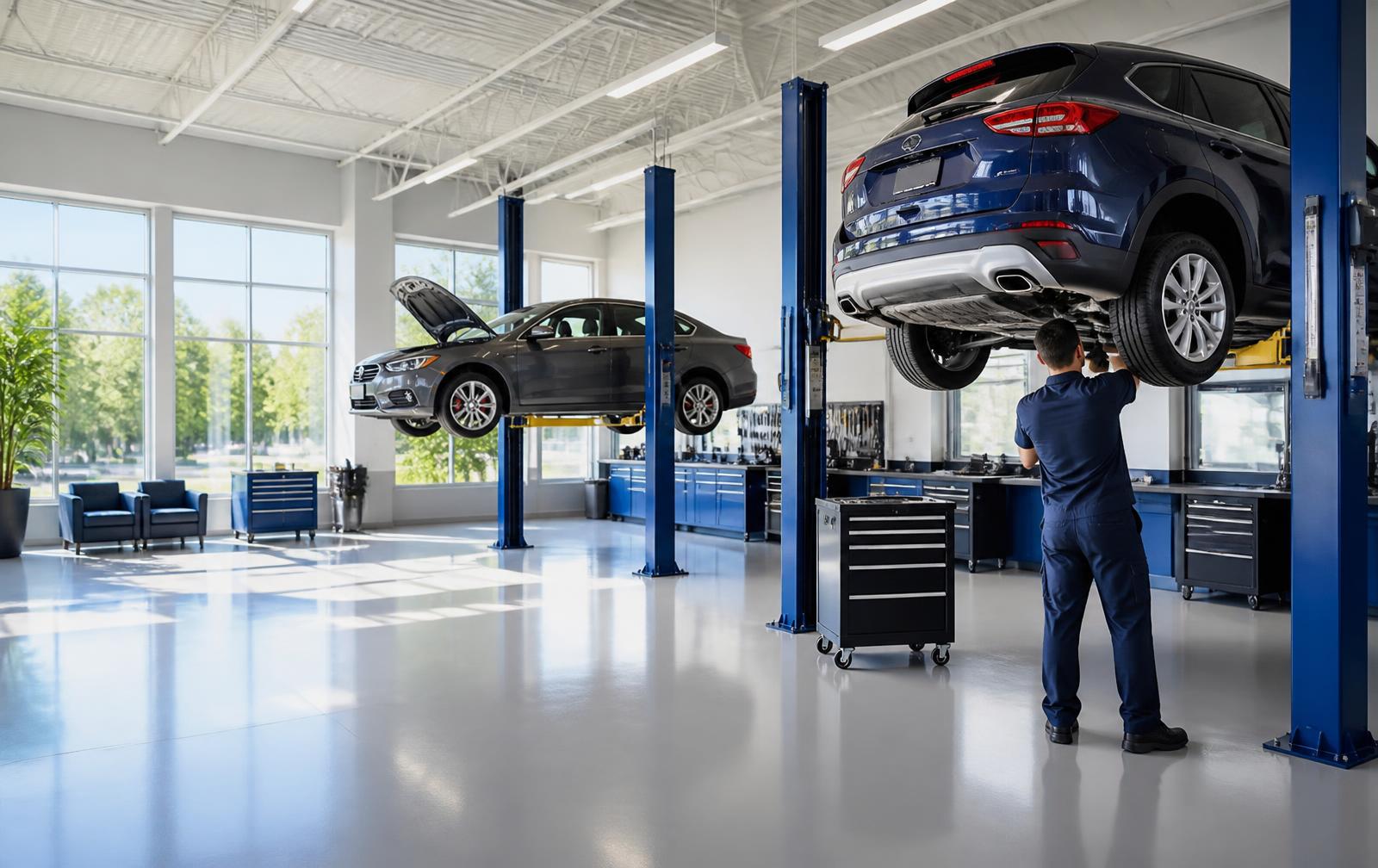 Bright, clean Montcalm Auto style service bay with vehicles on lifts
