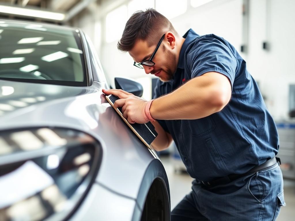 Body technician smoothing a vehicle panel before refinishing