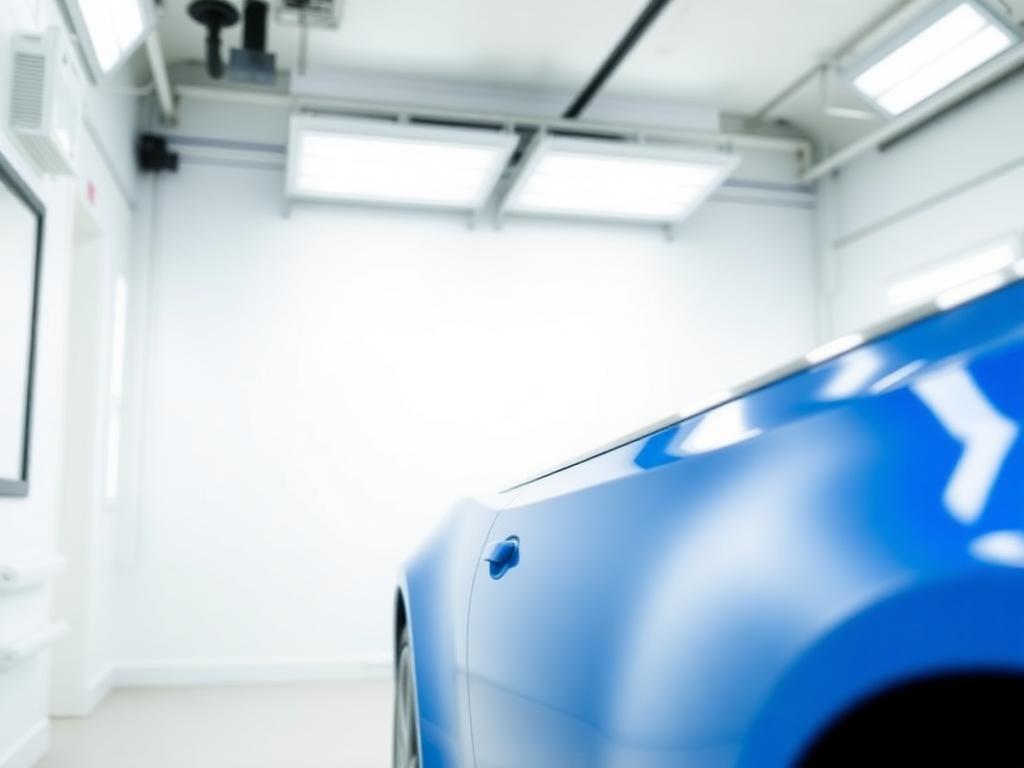 Freshly painted glossy blue vehicle panel in a clean paint booth