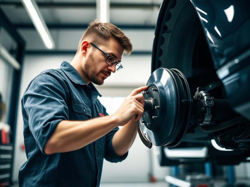 Technician inspecting a brake rotor in a bright service bay